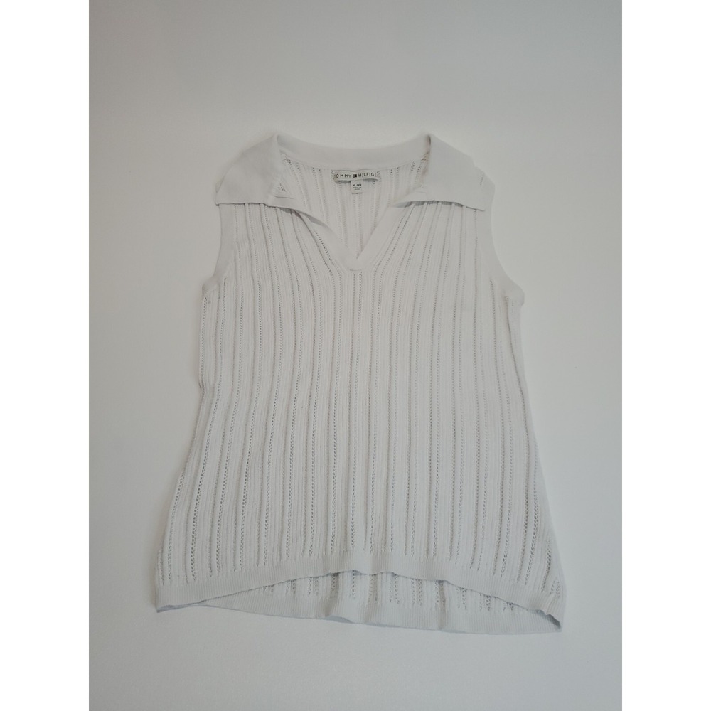 Tommy Hilfiger Women's Sleeveless V-Neck Mesh Blouse Top, White, XL